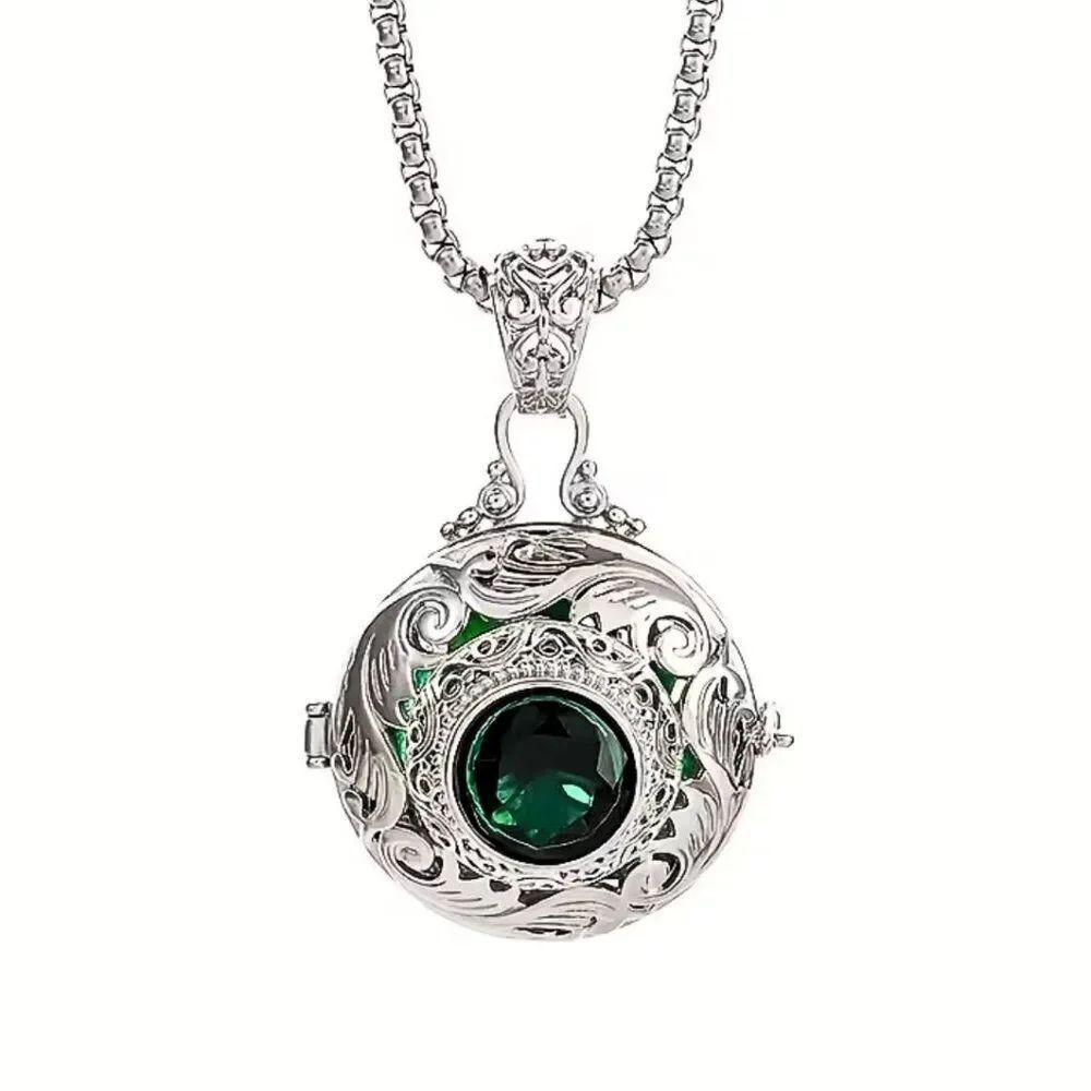 NWT Carved Locket Pendant Necklace Engraved Hollow Faux Emerald Rhinestone